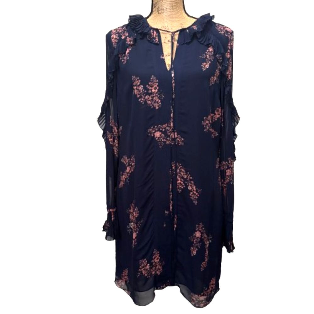 Derek Lam 10‎ Crosby Ikebana Shift Dress Navy Blue Floral Ruffle Sleeve Size 4